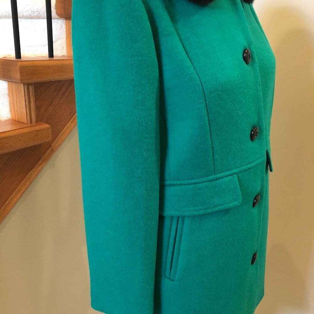 Talbots Petites Lined Cozy Wool Coat w Detachable Faux Fur Collar Green Sz 8P - Picture 7 of 11